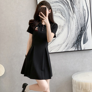 小香风polo连衣裙新款大码女装高级感显瘦短袖夏季小个子黑色裙子