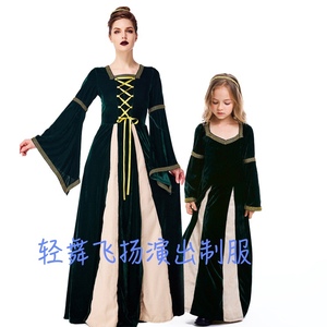 万圣节欧美中世纪文艺复兴贵妇装 复古宫廷印花长裙女童亲子服装