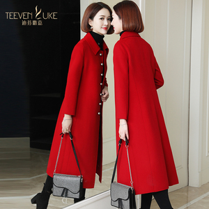 大红羊毛大衣女土冬季外套双面呢过膝盖长款毛呢妈妈装新时尚气质
