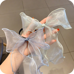 透明大蝴蝶结丝带皮筋发圈ins 白色网纱飘带发绳紫色马尾头饰浅蓝