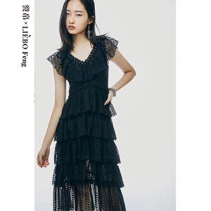裂帛LIEBOFeng原创设计V领蕾丝chic铆钉小黑裙两件套小飞袖连衣裙