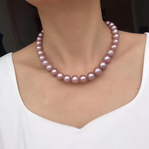 11～14mm天然粉紫色爱迪生珍珠项链正圆粉亮珍珠项链