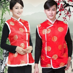 红色中式马甲超市工作服唐装男女冬装中国风新年过年春节喜庆员工