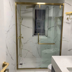 香槟玫瑰金色拉丝窄边不锈钢一字型淋浴房浴室隔断钢化玻璃移门