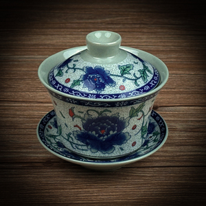 青花瓷盖碗家用功夫茶具复古怀旧盖杯陶瓷牡丹花纹泡茶三才碗敬杯