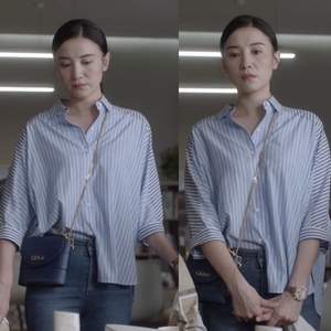 小舍得南俪宋佳明星同款蓝白条纹拼接衬衫女复古春夏轻薄上衣女潮