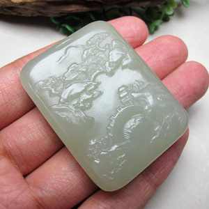 天然和田玉青白玉山水吊坠牌子 青海料 晴水 昆仑玉玉石玉牌挂件