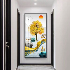 玄关装饰画鹿寓意好墙面晶瓷壁画走廊过道竖版新中式山水东户挂画