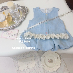 【乐恩童装】女宝宝24夏季蓝色小香风套装韩版无袖背心短裙两件套