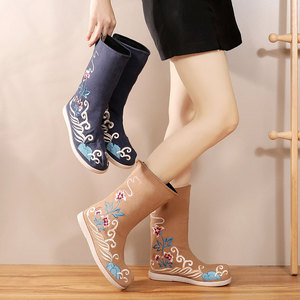 古装靴冬老北京布靴女长筒棉靴平底民族风复古翘头汉服绣花鞋皂靴