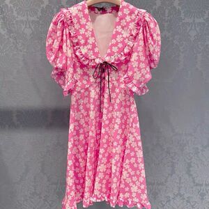 22春夏miu家碎花明星款连衣裙泡泡短袖荷叶边娃娃领系带紫色裙子