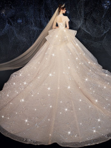 2021新款新娘森系礼服立领显瘦简约大气超仙梦幻公主拖尾星空婚纱