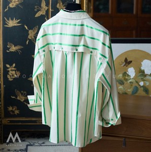 一线大品牌捡漏女装时髦腔调苹果亮片刺绣背扣造型绿织带条纹衬衫