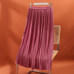 牙签褶温柔粉色百褶裙2022夏季新款高腰中长款松紧腰垂坠感直筒裙