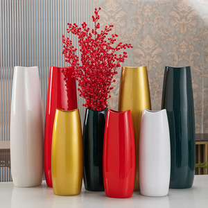 落地白色椭圆大花瓶 60cm红色陶瓷花瓶 客厅墨绿色花器金色可装水