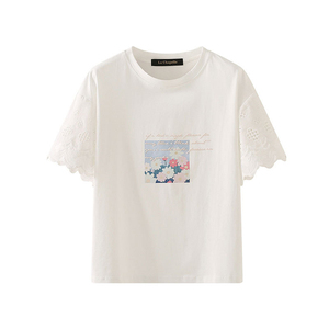 拉夏贝尔/La Chapelle夏季新款蕾丝镂空短袖t恤女小雏菊印花上衣