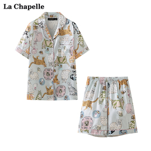 拉夏贝尔/La Chapelle夏新款满印可爱小猫图案宽松睡衣套装睡裙女