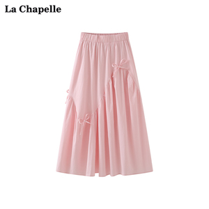 拉夏贝尔/La Chapelle甜美蝴蝶结松紧腰系带长款半身裙女显瘦长裙