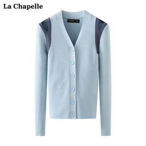 拉夏贝尔/La Chapelle春季露肩v领针织开衫女修身拼色毛衣外套