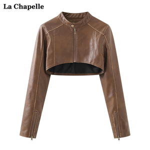 拉夏贝尔/La Chapelle春新款圆领拉链短裤PU皮衣外套女小个子夹克
