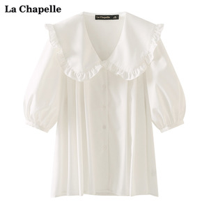 拉夏贝尔/La Chapelle白色娃娃领衬衫女五分袖薄款温柔衬衣上衣夏