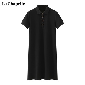 拉夏贝尔/La Chapelle黑色polo领连衣裙中长款卫衣裙短袖宽松裙子