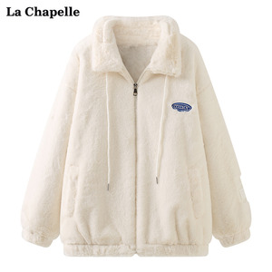 拉夏贝尔/La Chapelle冬季新款白色毛绒外套女宽松加厚棉衣棉服女