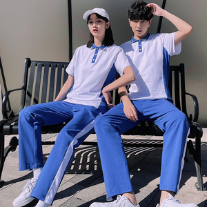 中学生蓝白校服夏款套装定制学院风宽松短袖t恤高中生毕业班服潮