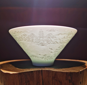 东平窑青瓷雕刻西湖360度全景《东坡盏》陶瓷茶杯.自用送礼佳品