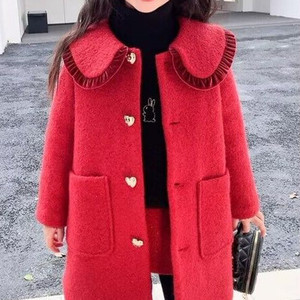 女童冬装新年服女宝宝冬款洋气新款中长款红色甜美加棉加厚呢大衣