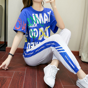 夏季女款韩版休闲运动套装时尚大码宽松短袖跑步服洋气两件套