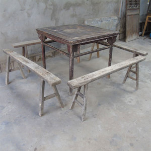 古代老榆木家具八仙桌方桌长条凳板凳二人凳一套怀旧民俗老物件