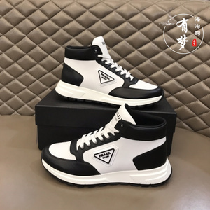 prada/普拉达新款撞色拼接三角字母印花logo男士系带高帮鞋运动鞋