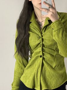 褶皱芥末绿长袖衬衫女2024年秋装新款复古港风设计感肌理别致衬衣