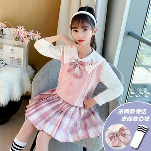 女童学院风春装jk制服套装2022新款中大童12岁毛衣背心洋气三件套