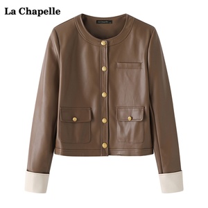 拉夏贝尔/La Chapelle高级气质圆领PU皮衣外套女秋季显瘦百搭上衣