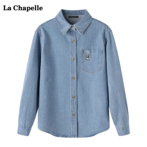 拉夏贝尔/La Chapelle春季兔子刺绣口袋牛仔衬衫女设计感翻领衬衣