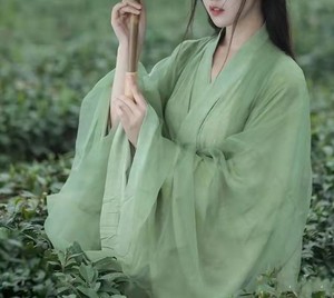 魏晋风绿色直裾大袖衫采茶女超仙飘逸古风汉服素色淡雅气质古装夏