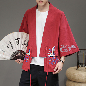中国风男装红色亚麻汉服仙气道袍中式仙鹤刺绣七分袖和服羽织外套