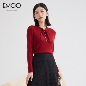 EMOO杨门红套头毛衣女秋新款设计感优雅领结针织羊毛打底衫