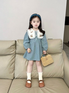 巴拉巴柆清货女童秋装连衣裙新款韩版儿童洋气大翻领长袖公主裙刺