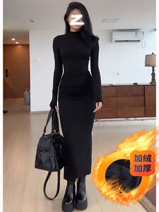 【棉加绒加厚】美式显瘦黑色长袖连衣裙秋新款半高领包臀长裙女