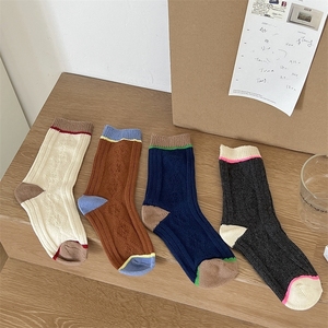 韩国撞色麻花粗线堆堆袜菱格小众拼色男女纯棉中筒袜网红ins潮袜