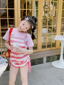 小梦韩版女童背带套装夏季儿童短袖条纹背带条纹宽松绑带短裤子