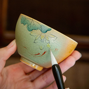 手绘荷花茶杯主人杯单杯柴烧窑变品茗杯陶瓷功夫茶具大茶盏釉下彩