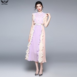 夏季新款立领无袖荷叶边设计感百褶雪纺长裙气质优雅超仙连衣裙