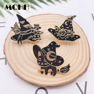 MQHH创意朋克黑色魔法巫师帽子胸针猫咪花朵珐琅徽章背包配饰礼品