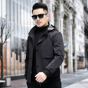 带帽夹克男短款春秋纯色商务休闲可拆卸连帽外套中年春秋男士风衣
