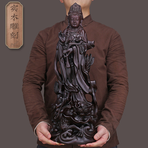 黑檀实木雕刻南海观音佛像摆件骑龙观世音菩萨神像供奉家用佛堂