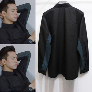 亲爱的热爱的李现韩商言同款黑色衬衫拼接深灰色袖拉链兜拼色衬衣